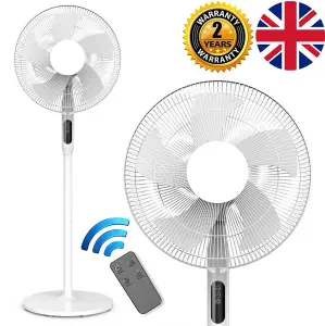 Futura Pedestal Fan 16" Oscillating 50W White Standing Remote Control Fans Timer & Adjustable Height