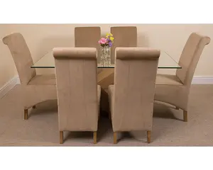 Valencia 160 cm x 90 cm Glass Dining Table and 6 Chairs Dining Set with Montana Beige Fabric Chairs