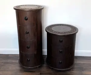 Beautifully Carved Solid Mango Wood Wood Pillar Chest Bedside Cabinet Unit Table  Brown 4 Draw 40 x 40 x 90 cm