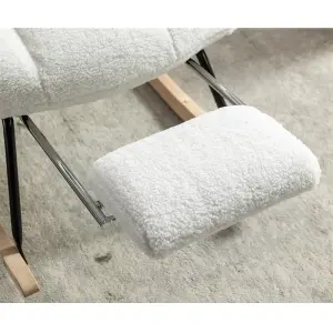 New Modern Teddy Fabric Tufted Upholstered Rocking Chair with pull-out footrest, White 