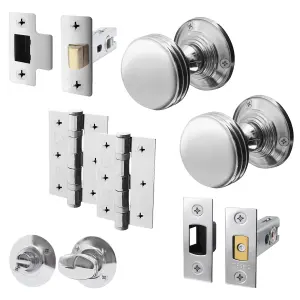 AFIT Lined Door Knob Set Polished Chrome - 1 Pair of Mortice Knobs 55mm, Latch & Deadbolt Kit 76mm, Hinges 76mm & Turn & Release