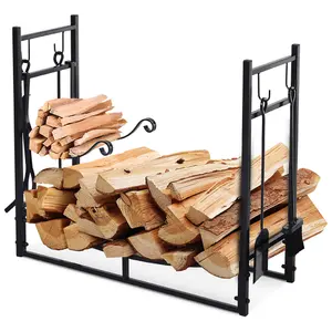 Outsunny Firewood Stand Log Rack Holder 84cm with 4-PC Fireplace Tools Set Black