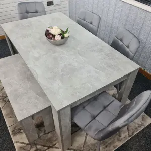 Grey Kitchen Dining Table, 4 Grey Tufted Velvet Chairs and 1 Bench Dining Set (140x80x75cm)