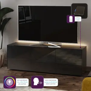 Black high gloss SMART large TV cabinet with wireless phone charging and Alexa or app operated LED mood lighting