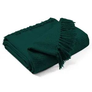 EHC Waffle Cotton Woven Giant Sofa Throw 4 Seater Sofa/ King Size Bed 250 x 280 cm, Dark Green