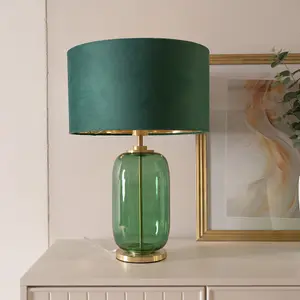 ValueLights Leigh Forest Green and Gold Glass Table Lamp with Green Velvet and Gold Inner Shade