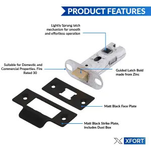 XFORT 2 Pack 65mm Matt Black Tubular Latch, Mortice Door Latch