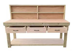 Wooden Eucalyptus hardwood top workbench, tool cabinet with drawers (V.1) (H-90cm, D-70cm, L-240cm) with back