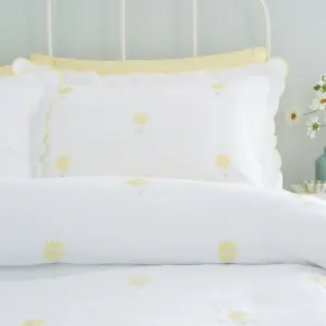 Catherine Lansfield Bedding Lorna Embroidered Daisy King Duvet Cover Set with Pillowcases White Yellow