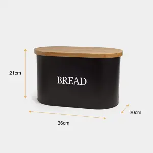 VonShef Bread Bin with Bamboo Lid for Cutting/Chopping Bread Board - Matte Black Bread storage box - Bread Holder Tin for Kitchen