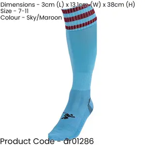 ADULT Size 7-11 Pro 3 Stripe Football Socks - SKY BLUE/MAROON - Contoured Ankle