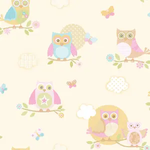 Galerie Just 4 Kids 2 Yellow Pink Blue Orange Colourful Owls Smooth Wallpaper