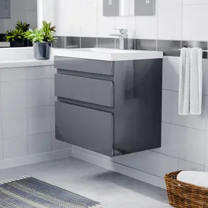 Nes Home 600mm 2 Drawers Handless Wall Hung Basin Vanity Cabinet Unit Steel Grey