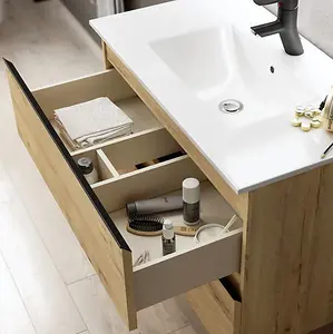 Banyetti Vatilla 600mm Floorstanding Basin with Matt Black Handles - Ostippo Oak