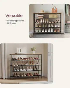 VASAGLE Shoe Storage Shelf 5 Tier, Narrow Shoe Organizer, 4 Fabric Shelves & Upper Section, Industrial, Rustic Brown & Black