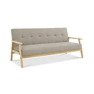 Langford Sofa Bed Fabric 3 Seater Button Detail Wooden Frame Sofabed, Cream with Oak Colour Wood