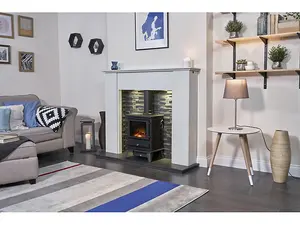 Adam Hudson Electric Stove in Black with Angled Stove Pipe