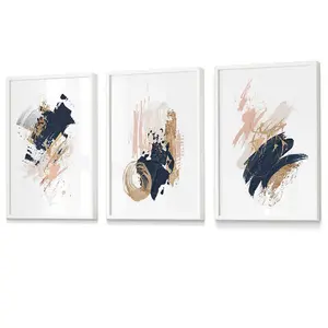 Set of 3 Navy, Pink and Gold Prints of Abstract Oil Paintings Wall Art Prints / 42x59cm (A2) / White Frame