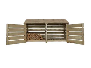 Slatted wooden log store with door and kindling shelf W-227cm, H-126cm, D-88cm - natural (light green) finish