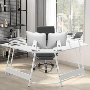 L-Shaped Metal Base Computer Desk White / 70 H x 128 W x 128 D