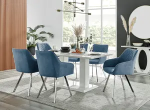 Imperia White High Gloss 6 Seater Dining Table with Structural 2 Plinth Column Legs Blue Fabric Silver Leg Falun Chairs