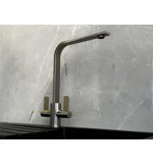 Liquida EB400BS Flat Style Modern Dual Lever Brushed Steel Kitchen Mixer Tap