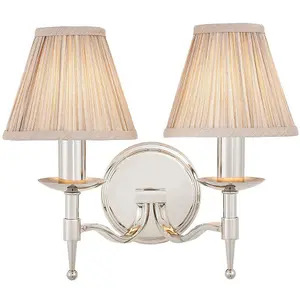 Avery Luxury Twin Arm Wall Light Traditional Bright Nickel & Beige Pleat Shade