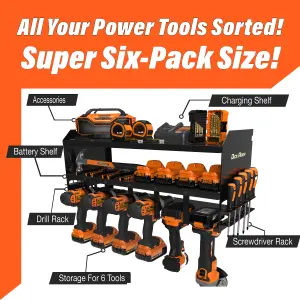 Power Tool Storage Organiser Rack Drill Holder - 6 Slot (Black)