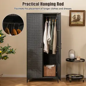 COSTWAY PE Rattan Wardrobe 157 cm Wicker Armoire Closet w/ Hanging Rod