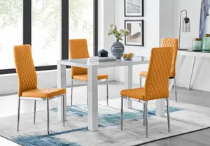 Pivero White High Gloss Dining Table and 4 Mustard Milan Chairs Set