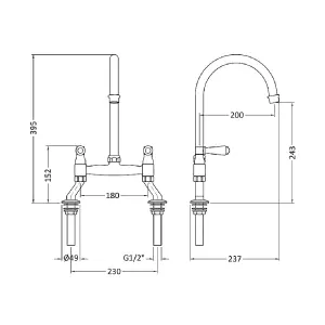 Astini Provencale Brushed Nickel Twin Lever Kitchen Sink Bridge Mixer Tap