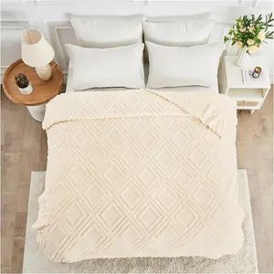 Large Sherpa Fleece Blanket  Fluffy Throw For Sofas, Bed, Armchair Jacquard Pattern King Size Throw Thermal Cream