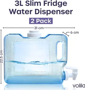 Fridge Water Dispenser - 2 Pack 3L Slim Reusable Dispenser with Tap for Water, Juice, Cold Drinks, Travel, Camping & Picnics