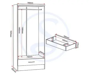 Nevada 2 Door 1 Drawer Wardrobe in Black Gloss Finish