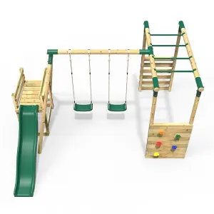 Rebo Wooden Children's Swing Set with Monkey Bars plus Deck & 6ft Slide - Double Swing - Venus Green