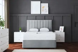 Amelia Silver Upholstered Panel Divan Bed with Headboard and Two Drawers Super King