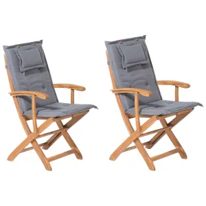 Set of 2 Garden Chairs with Cushions MAUI Acacia Wood Graphite Grey