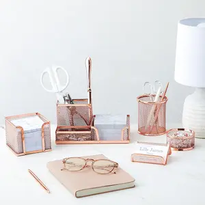 6Pcs Rose Gold Office Metal Desktop Organizers Multi-Functional Pen Holder Set