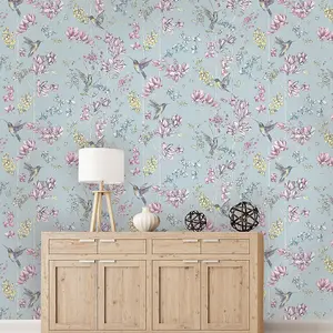 Holden Floral Charm Hummingbird Wallpaper - Duck Egg 12391