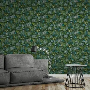 AS Creation 3D Effect Tropical Tree Palm Leaf Wallpaper Vinyl Green Blue 37280-3