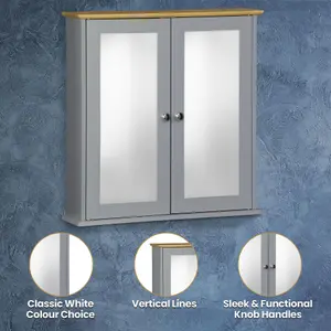 Double Mirror Bathroom Cabinet - Grey with Bamboo Top