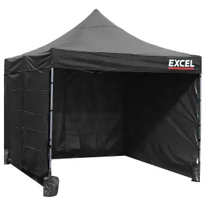 Excel Steel Gazebo 3m x 3m Black with Wheel Bag, Wall panel, Sand Bag, Rope & Pegs