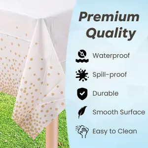 White Plastic Tablecloth, Gold Dot Confetti Printed Waterproof Table Cover - 54"x108"