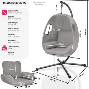 Hanging Egg Chair Anika - with frame and extra thick seat cushion - light grey