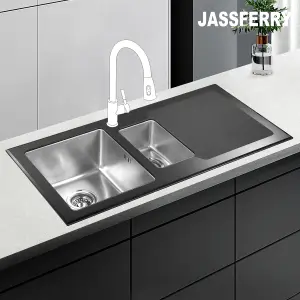 JASSFERRY Black Glass Top Kitchen Sink Stainless Steel One Half Bowl Right Hand Drainer, 1000 X 500 mm