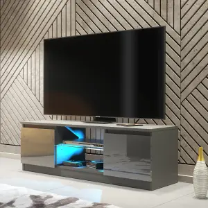 TV Unit 120cm Modern Dark Grey Stand Gloss Doors Free LED