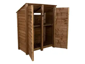 Wooden log store (roof sloping back) with door and kindling shelf W-146cm, H-180cm, D-88cm - brown finish