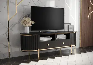 New York 151cm TV Cabinet in Sleek Black - Contemporary Entertainment Unit with Ribbed Fronts and Metal Accents