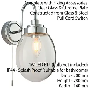 IP44 Bathroom Wall Light Chrome & Round Clear Glass Modern Curved Arm Oval Lamp