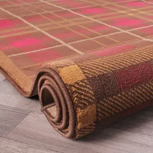 Brown Chequered Modern Tartan Easy to Clean Chequered Rug For Dining Room-200cm X 290cm